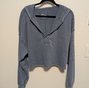 aerie Cropped Hooded Pullover - Dusty Blue